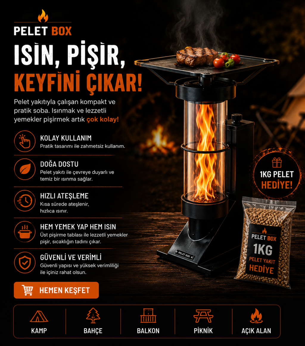 Pelet Box | Taşınabilir Pelet Soba & Pişirme Ünitesi (1 kg pelet hediyeli )