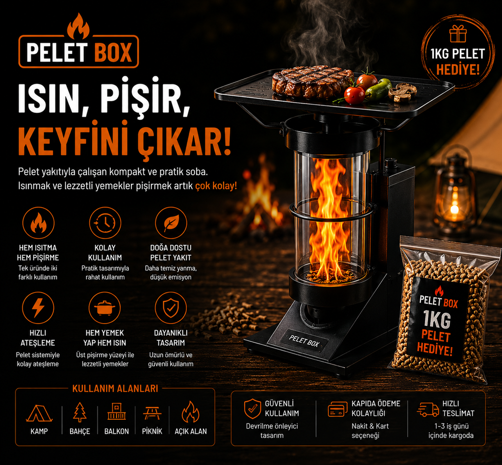 Pelet Box | Taşınabilir Pelet Soba & Pişirme Ünitesi (1 kg pelet hediyeli )